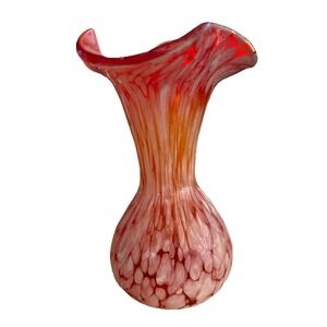 Hand Blown Art Glass Vase 5" Tall 3.5" Top Reddish Orange‎ White Spackle Swirl